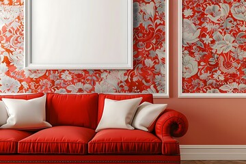 A trendy red sofa complemented by a blank white frame in a modern living room.
