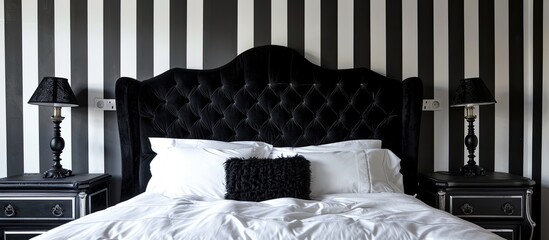 A bed with a tufted velour headboard is positioned alongside a black and white striped wallpaper with a space for adding an image. Creative banner. Copyspace image