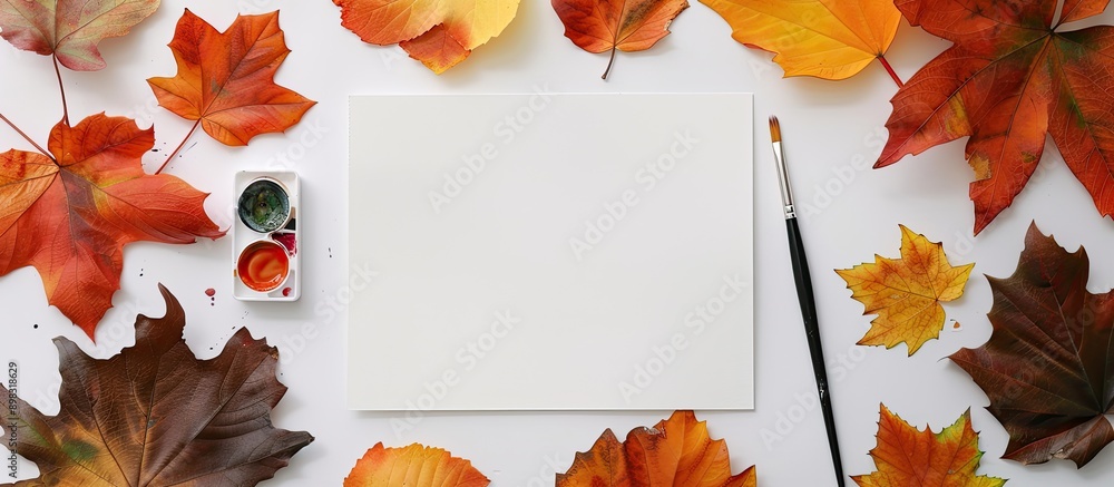 Poster autumn themed artist s workspace with a sheet of paper watercolor paint set brush and autumn leaves 