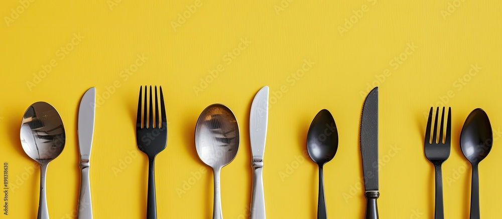 Poster Children s cutlery neatly arranged on a yellow backdrop with a clean and appealing copy space image