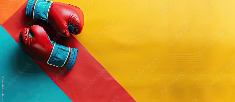 Poster colorful background showcasing boxing gloves and wristbands with copy space image