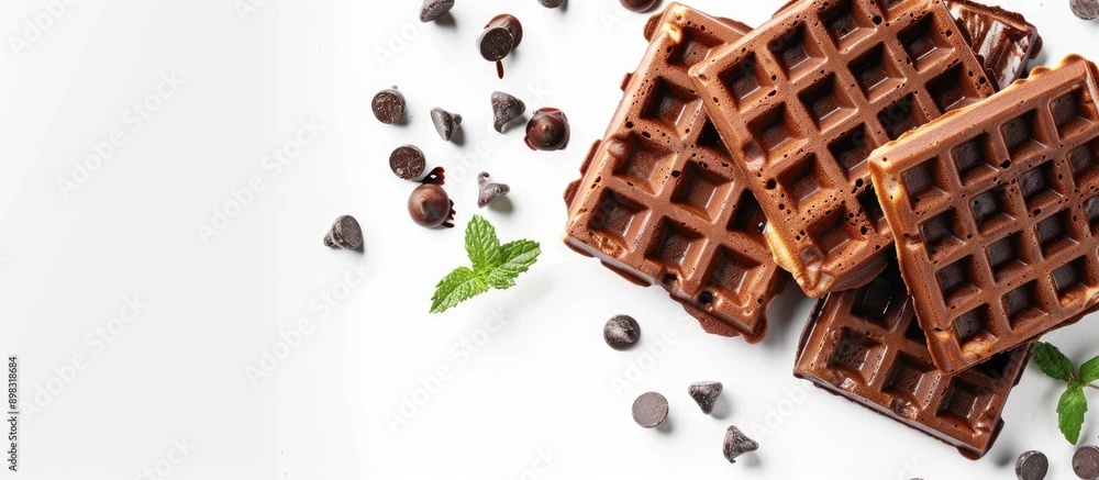 Poster chocolate dutch waffles on a white backdrop with ample copy space image