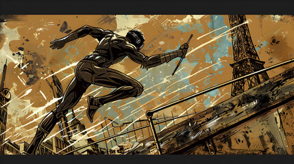 Steampunk High Jump: A steampunk-themed illustration of a high jumper with the Eiffel Tower in the background on a brown background.


