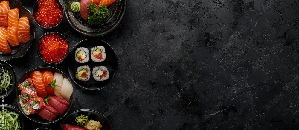 Poster Top down view of a vibrant Japanese restaurant food set displayed against a black backdrop creating an ideal frame for a copy space image