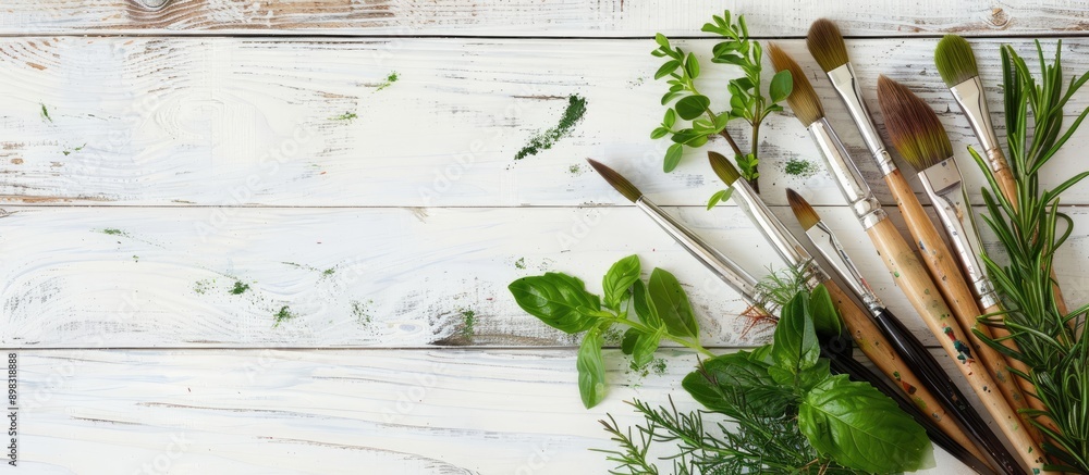 Poster top down view of paint brushes herbs painting and a picture on a white wooden background offers ampl