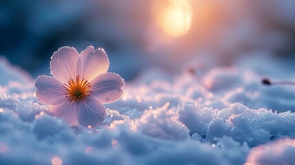 Fototapeta premium A flowersclose-up on snowy ground, sun filteringthrough clouds behind