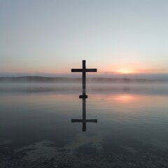 Solitary Cross Over Misty Water at Dawn