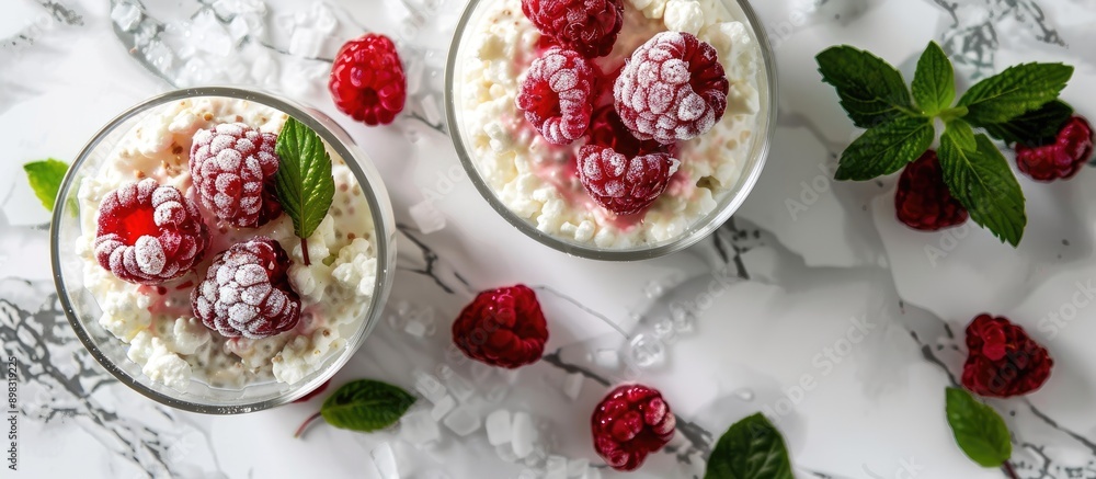 Poster an aerial view of a breakfast presentation featuring chia pudding with frozen raspberries and cottag