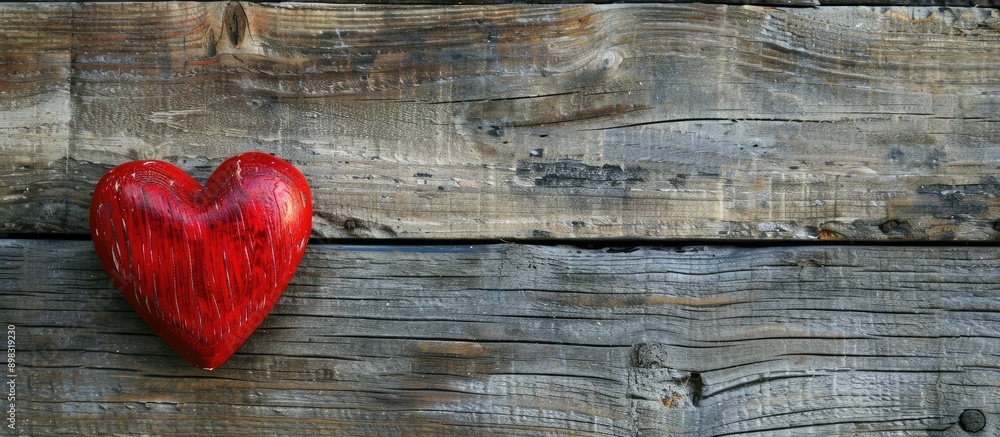 Fototapete flat lay composition featuring a red heart on a wooden background with ample copy space for images