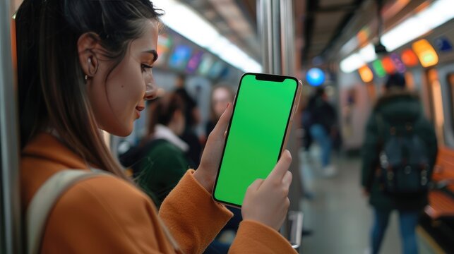 woman holding showing smartphone with green screen in blurred subway train, perfect for showcasing apps and mobile technology, vertical phone orientation, travel and navigation