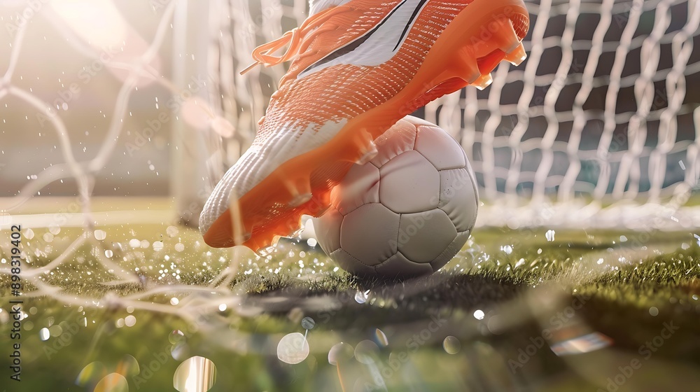 Wall mural side view of a football boot impacting a soccer ball with white goal net visible in the background