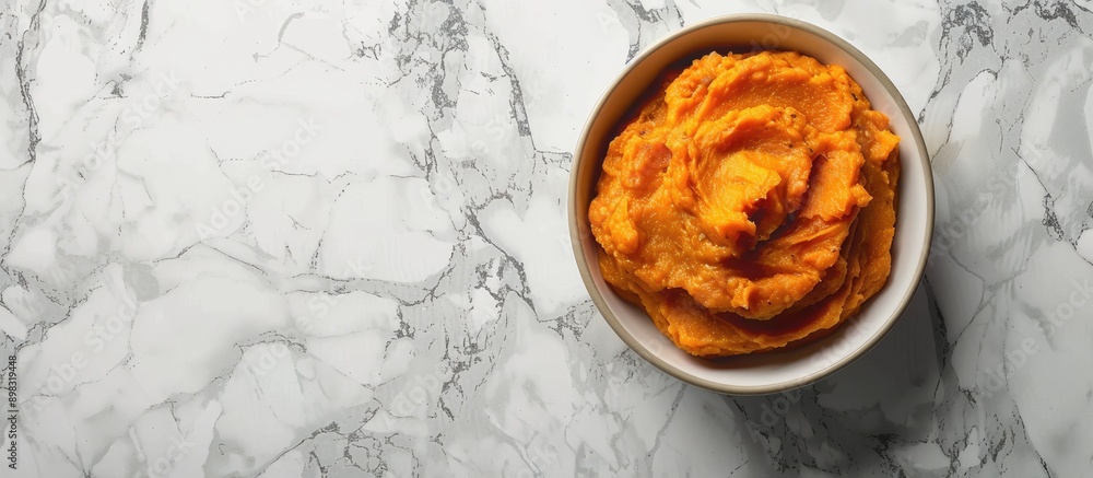 Aufkleber top view of a delicious sweet potato puree in a bowl on a marble surface with a blank space availabl