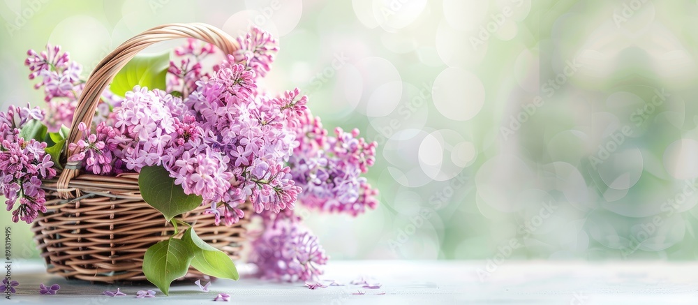 Aufkleber close up of a basket filled with fragrant lilac flowers set against a bright background with ample c