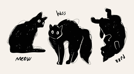 Black cats in different poses. Doodle sketch style. Sitting, laying on back, standing angry, surprising. Cute, adorable animal characters. Hand drawn Vector illustration. Isolated design elements © Dariia