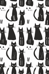 Fototapeta premium Minimalist pattern featuring simple black cat illustrations on a white background. The design showcases various playful cat poses, perfect for wallpapers and textiles.