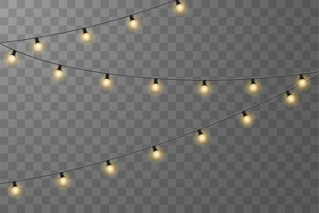 Christmas lights isolated on checkered vector background. Set of Christmas glowing garlands. For advertising invitations, web banners, postcards. Vector