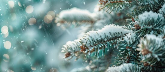 A close up image shows untouched soft white snow billowing on a green pine tree during cold winter weather with copy space image