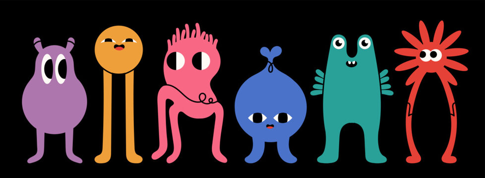 Abstract little Monsters or fantastic animals. Various quirky funny creatures. Cartoon childish style. Cute characters. Colorful hand drawn Vector illustration. Isolated design elements