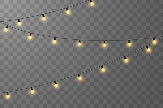 Christmas lights isolated on checkered vector background. Set of Christmas glowing garlands. For advertising invitations, web banners, postcards. Vector