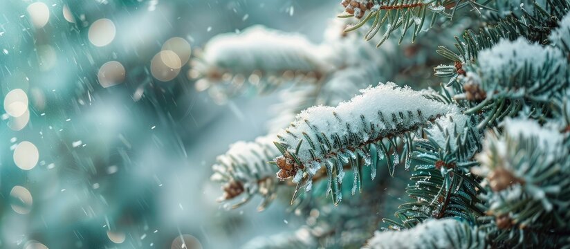A close up image shows untouched soft white snow billowing on a green pine tree during cold winter weather with copy space image