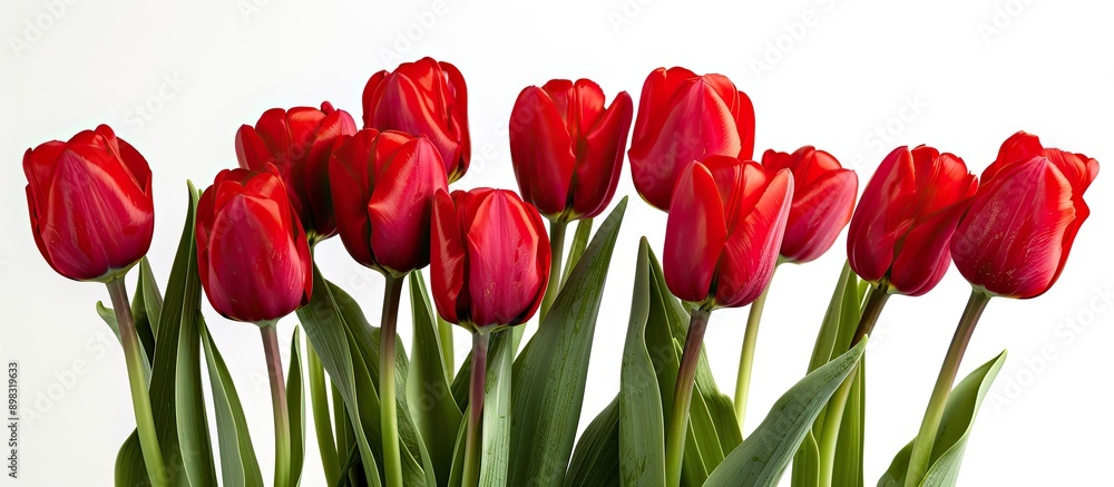 Poster A close up isolated bunch of vibrant red tulips on a white background ideal for a copy space image with a springtime holiday photo concept