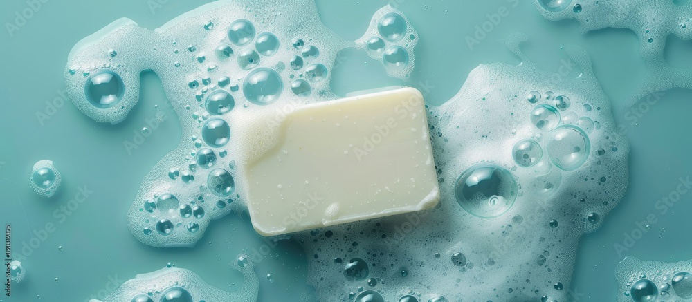 Leinwandbilder Top view of a bar of white soap surrounded by bubbles on a soft blue surface with room for text or images. Creative banner. Copyspace image
