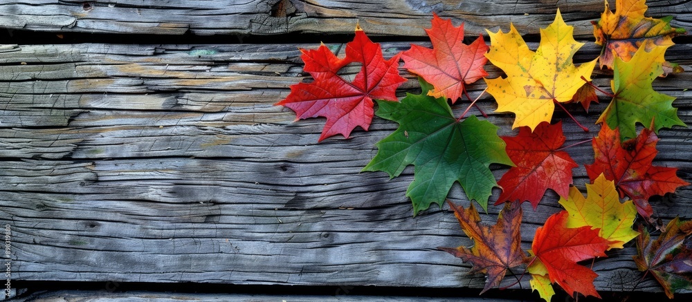 Leinwandbilder colorful maple leaves in red green and yellow hues on a rustic wooden backdrop with copy space image