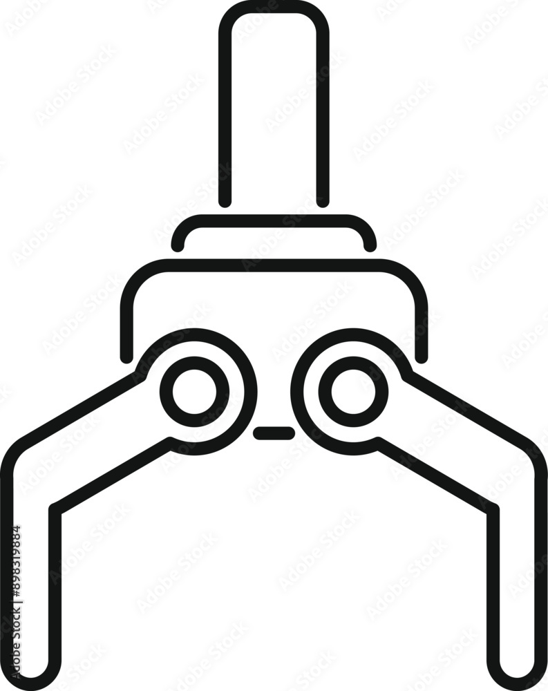 Poster simple black line icon for industrial robot arm picking up object, isolated on white background