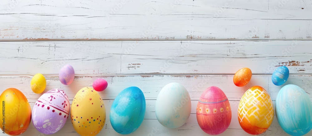 Poster colored easter eggs on white wood background with space for text or image. creative banner. copyspac