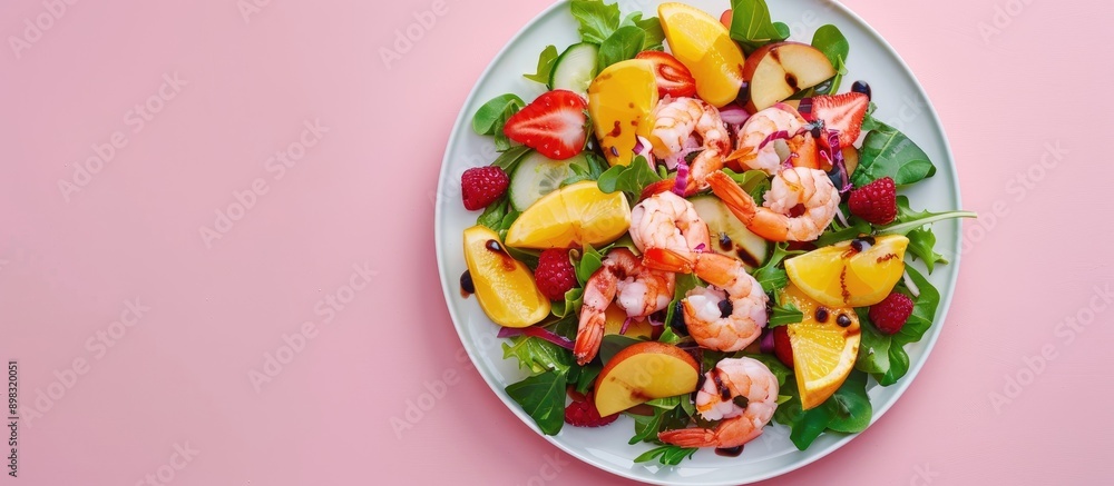 Poster delicious salad with mixed seafood fruit and balsamic dressing served on a plate with a light pink b
