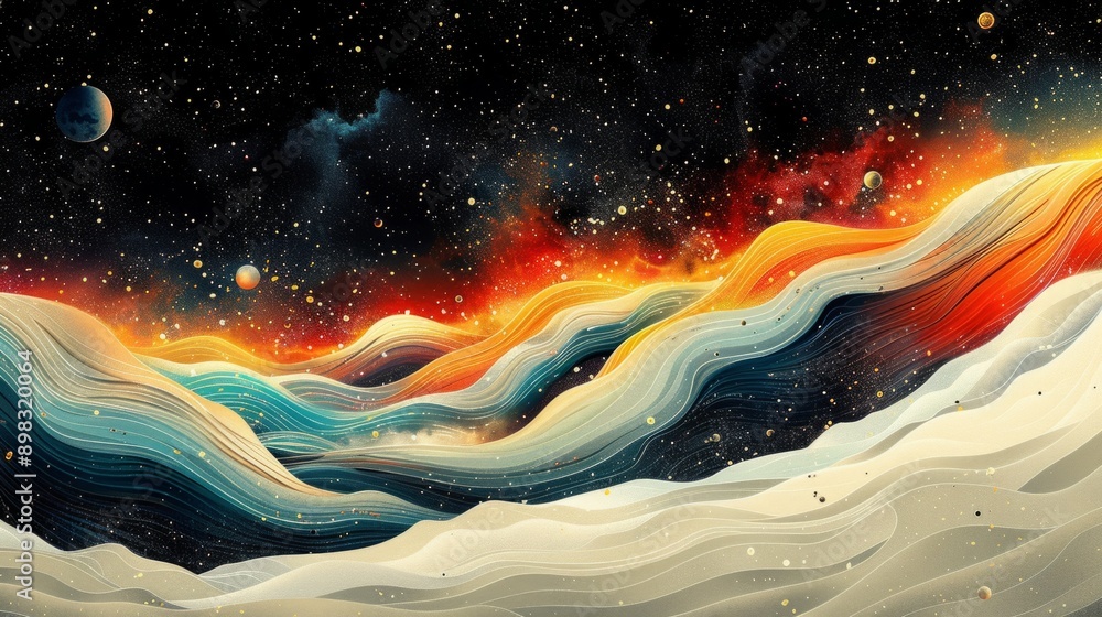 Poster abstract space background with planet and stars.