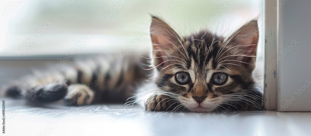 Poster Close up of a kitten on a windowsill with copy space image