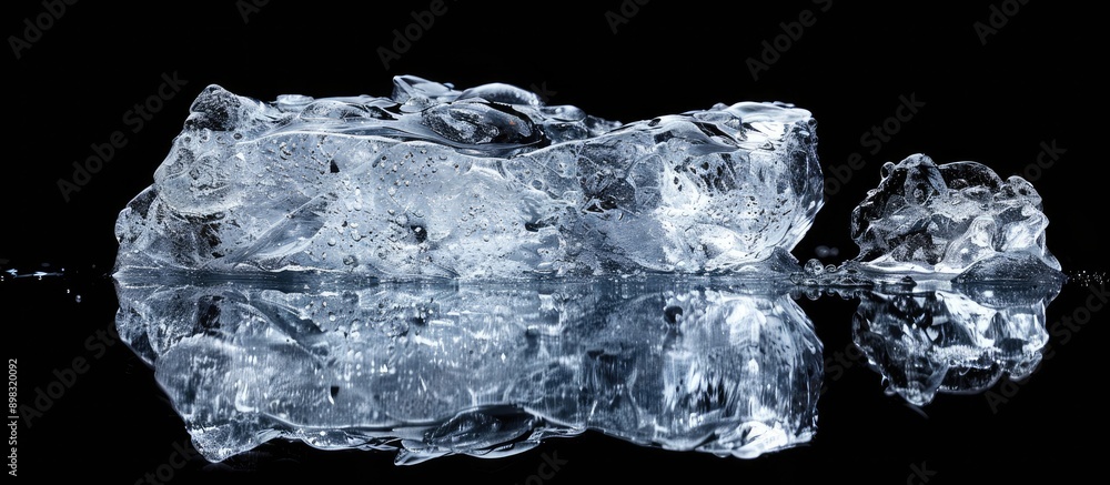 Poster clear ice piece on reflective black surface with copy space image
