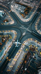 Aerial shot of a busy airport with various planes taking off and landing, cars in the parking lot and the distinctive yellow runway markings showing the contrast between dynamic aviation