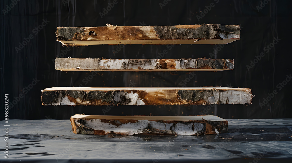 Poster on solid black background in hard sunlight, side view of four birch planks of equal size floating mi