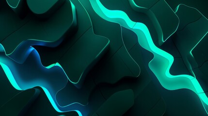 Abstract background with glowing blue neon lines flowing on dark green surface