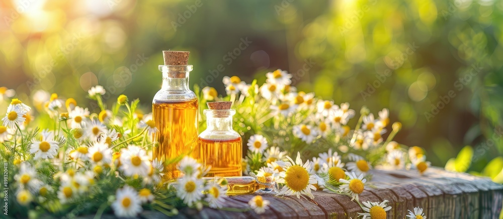 Poster bottles of medicinal herbs highlight chamomile oil extract with a selective focus on nature in a cop