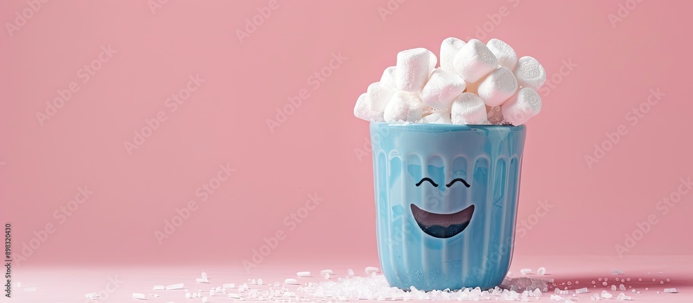 Aufkleber a blue earthenware glass showcased on its side against a pink paper backdrop overflowing with white 