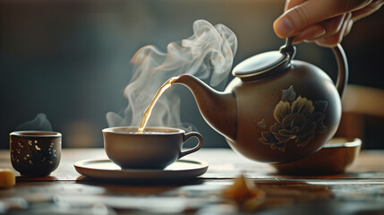 A delicate moment of a teapot pouring hot tea into a cup, surrounded by spring blossoms in a serene, sunlit garden setting.