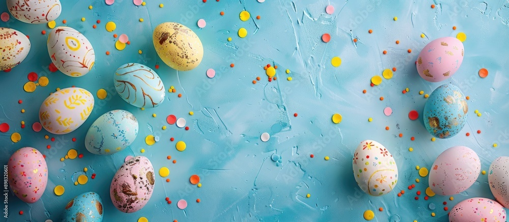 Leinwandbilder top down view frame with easter eggs on a vibrant blue background creating a flat lay composition wi