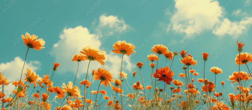 Poster blooming orange flowers in a landscape with a bright blue sky and white clouds in the background per
