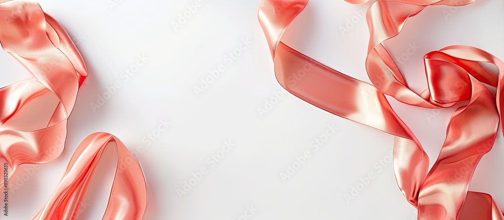 Poster coral silk ribbon shines on a white background in a festive themed flat lay with copy space image