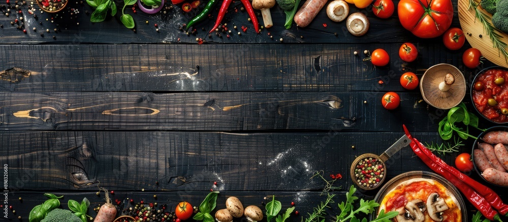 Aufkleber array of pizza toppings like mushrooms sausages tomatoes and vegetables arranged on a black wooden s