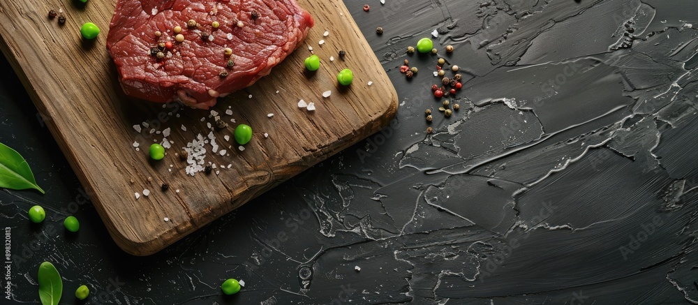 Aufkleber an aged beef steak on a light wooden board over a dark stone background with salt pepper and peas sc