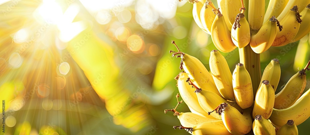 Poster cultivated bananas with a blurred banana tree and sunlight background in the copy space image