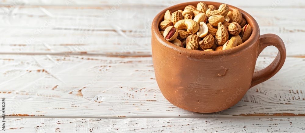 Poster A clay cup filled with peanuts rests on a white wooden table with available space for additional imagery