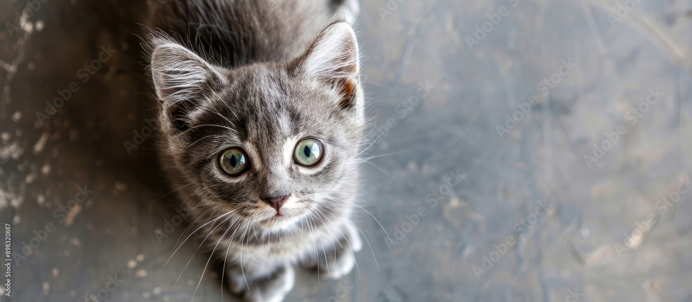 Poster adorable small gray kitten with green eyes sitting on the floor and looking at the camera in a top d