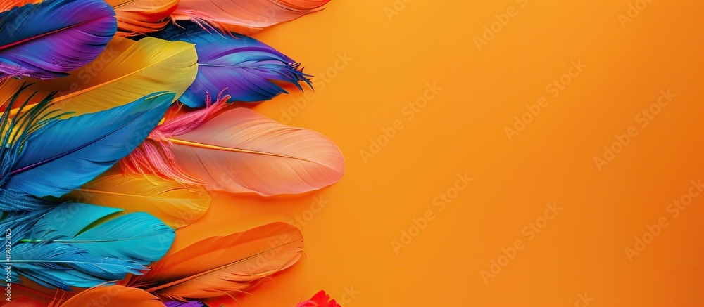 Aufkleber Colorful feathers displayed on a vibrant orange backdrop create an eye catching poster for the carnival with copy space image