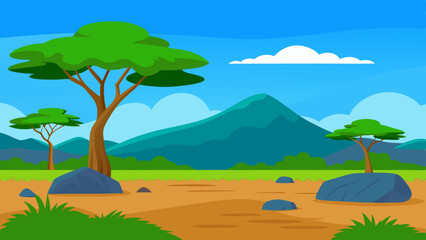 Obraz premium African savannah landscape with trees, rocks, and open grassland under a clear blue sky