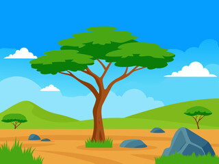 Obraz premium African savannah landscape with trees, rocks, and open grassland under a clear blue sky